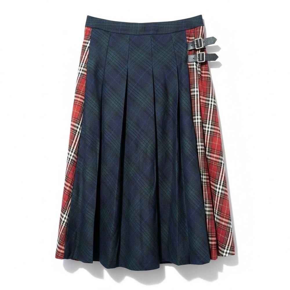 Cider Mixed Plaid Pleated Midi Skirt Navy Red Tartan Buckle Detail Womens Large